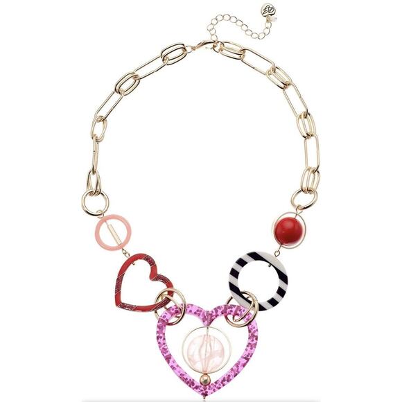 Betsey Johnson Modern Red Pink Mixed Heart & Bead Shapes Statement Necklace - Picture 1 of 16